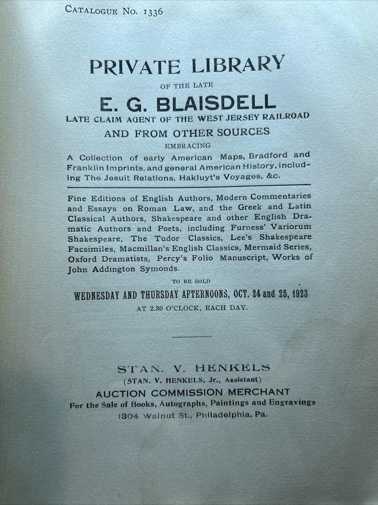 Henkels Catalog: E. G. Blaisdell Collection- October 1923
