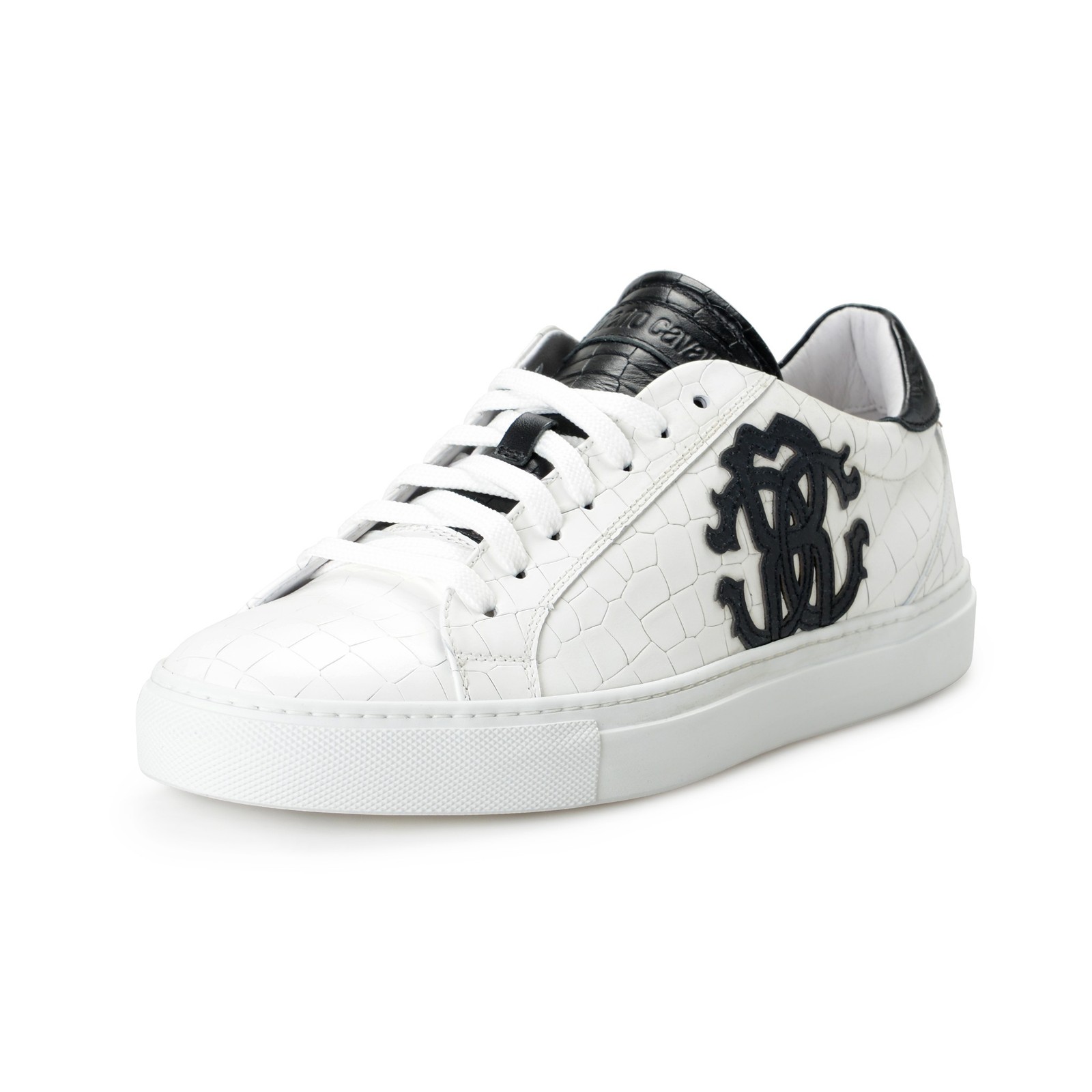 Roberto Cavalli Men's White Textured Leather Logo Print Fashion Sneakers Shoes