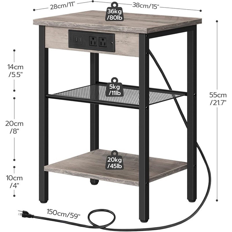 Multifunctional Side Table W/ Outlets USB Ports Adjustable Shelves Storage