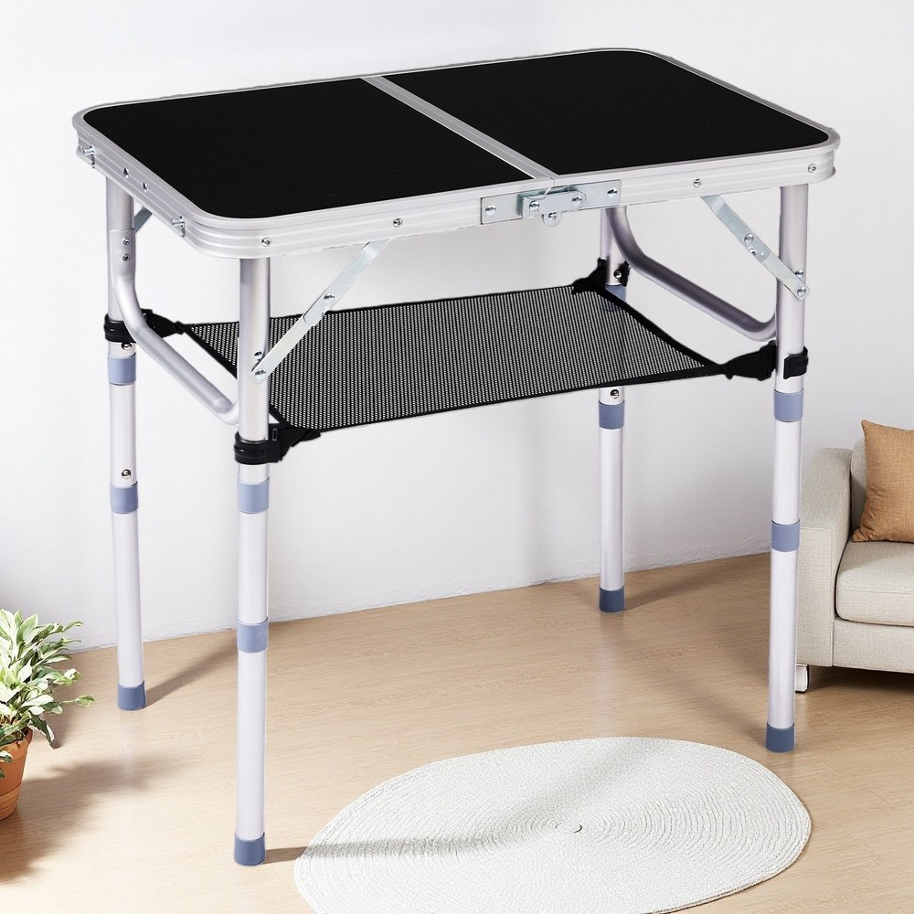 Folding Camping Table 2ft - Adjustable Mesh Storage Aluminum Frame Patio Black