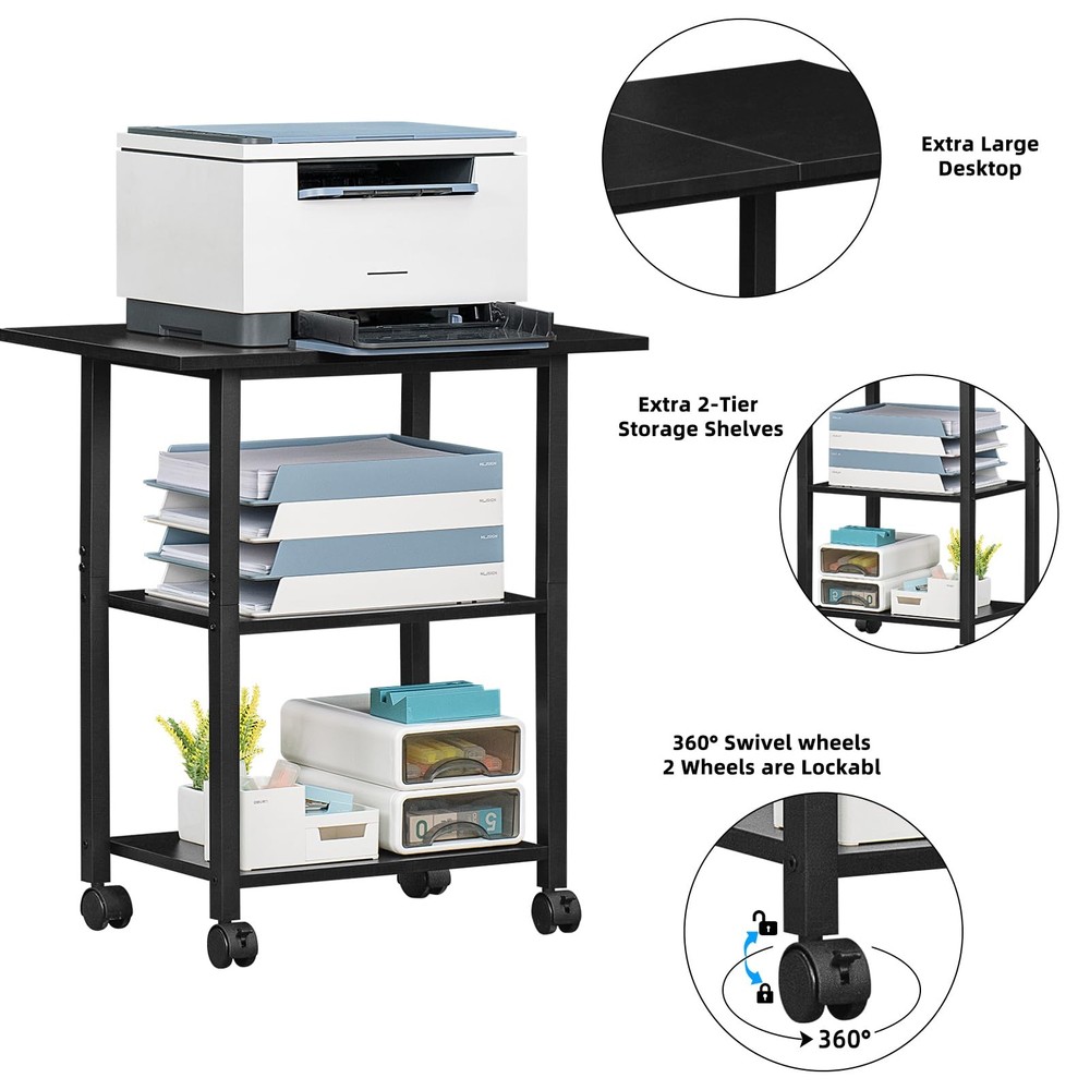 3-Tier Printer Stand, Industrial Mobile Printer Table with Storage Shelf and ...