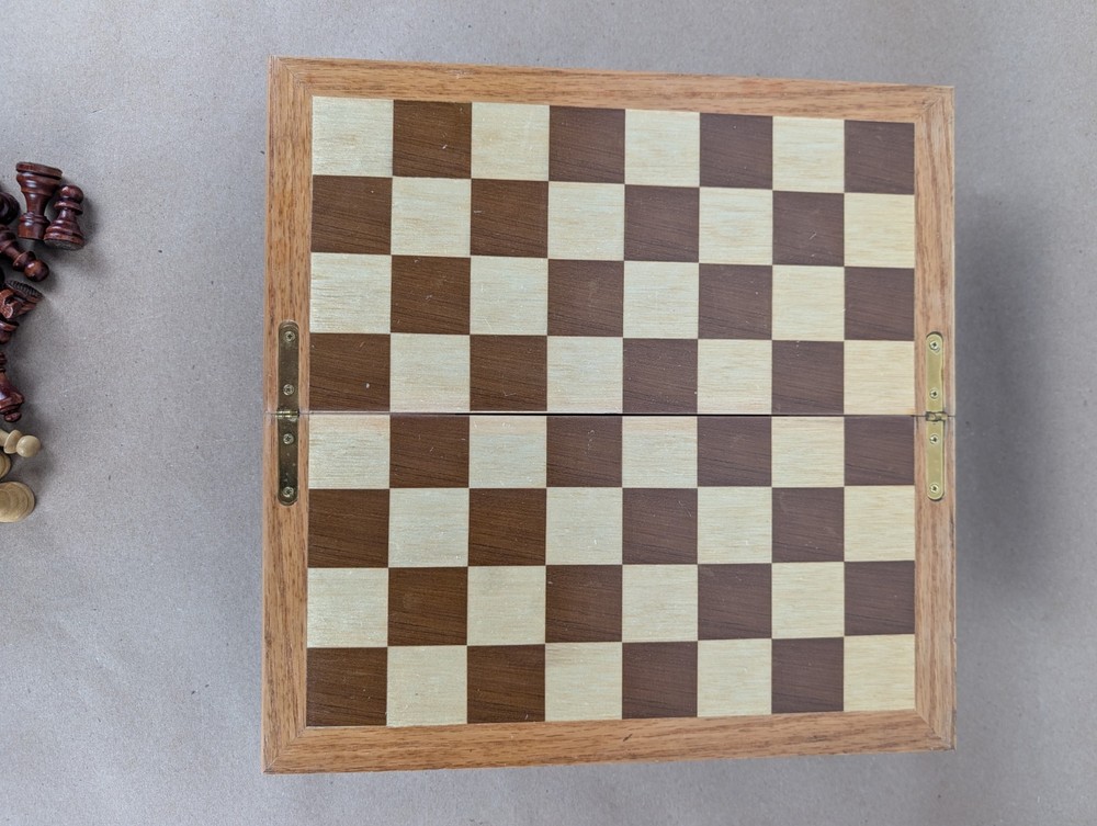 Vintage Handmade Solid & Inlaid Wood Folding Storage Chess Set 12" Box Hinged
