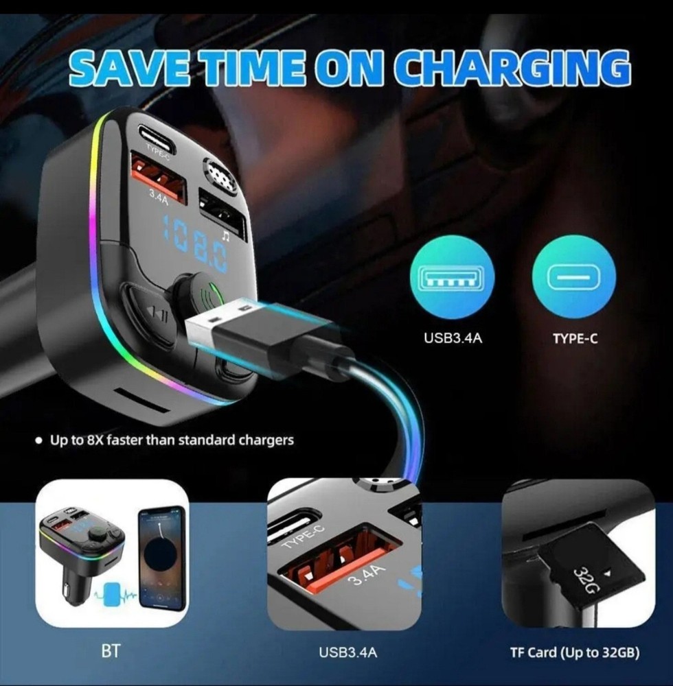 Bluetooth 5.0 Car Wireless FM Transmitter Adapter USB PD Charger AUX Hands Free