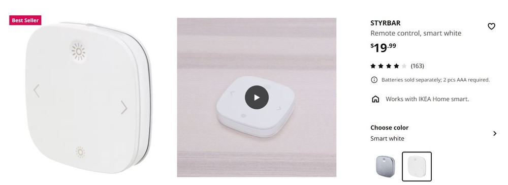 Ikea STYRBAR Dimmer Remote Control Switch, Smart White Zigbee for Tradfri, Hue