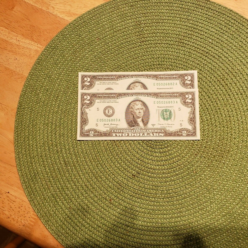 Mint, Uncirculated Two Dollar Bill, Crisp $2 Note, Sequential Order 1995-2017