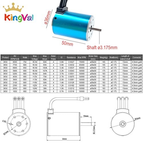 KingVal Replacement 3650 Sensorless Brushless Motor 3900KV Sensorless 3650