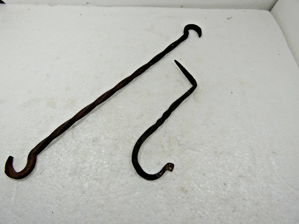 Two Wrought Iron Hooks Twisted Pattern Double Ended Hook 13-1/4" Long