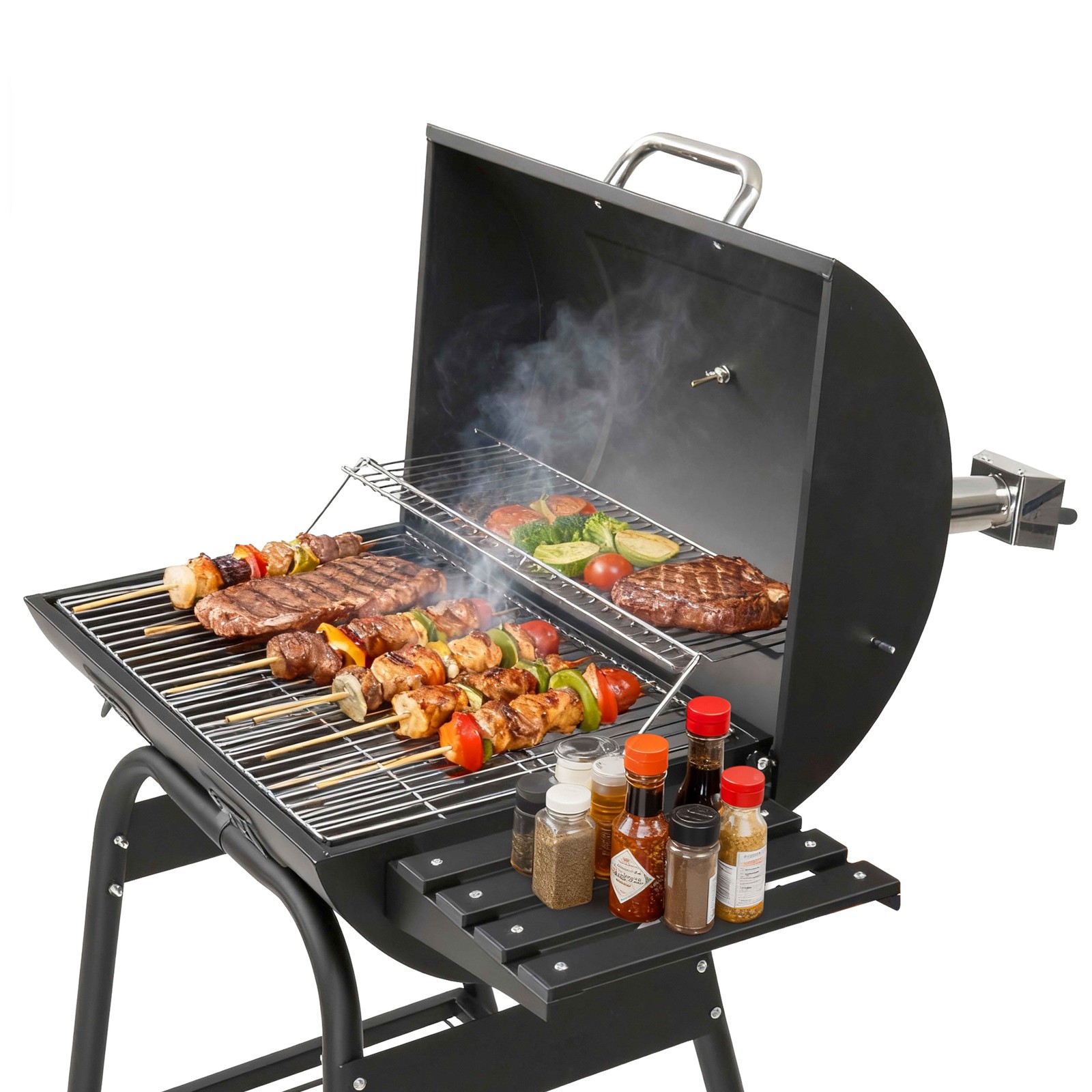 40" Barrel Charcoal Grill with Side Shelf, Stainless Steel Stove Camping Outdoor