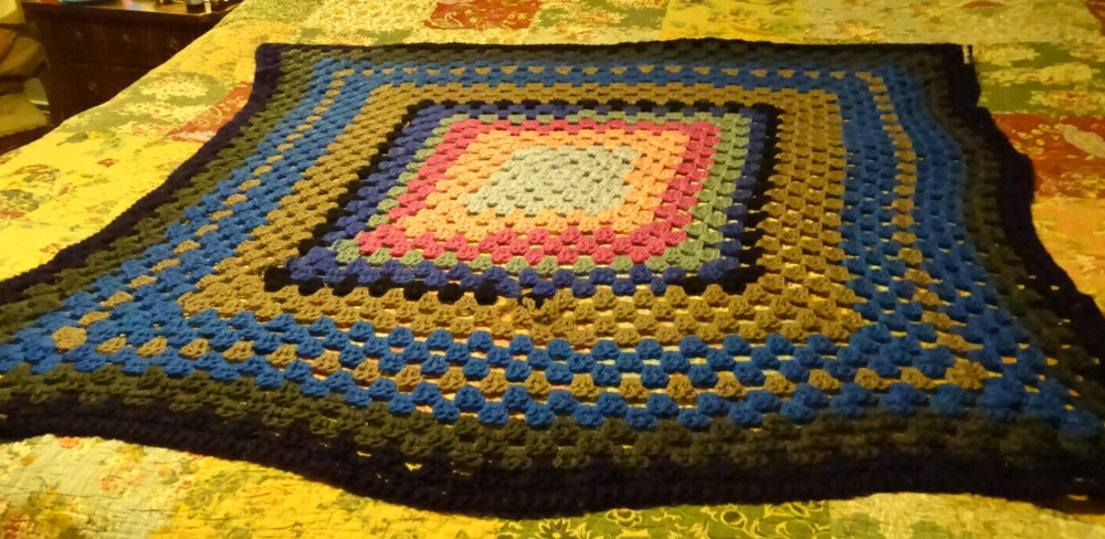 Crochet Afghan Blanket Throw Multicolor 70s square in square