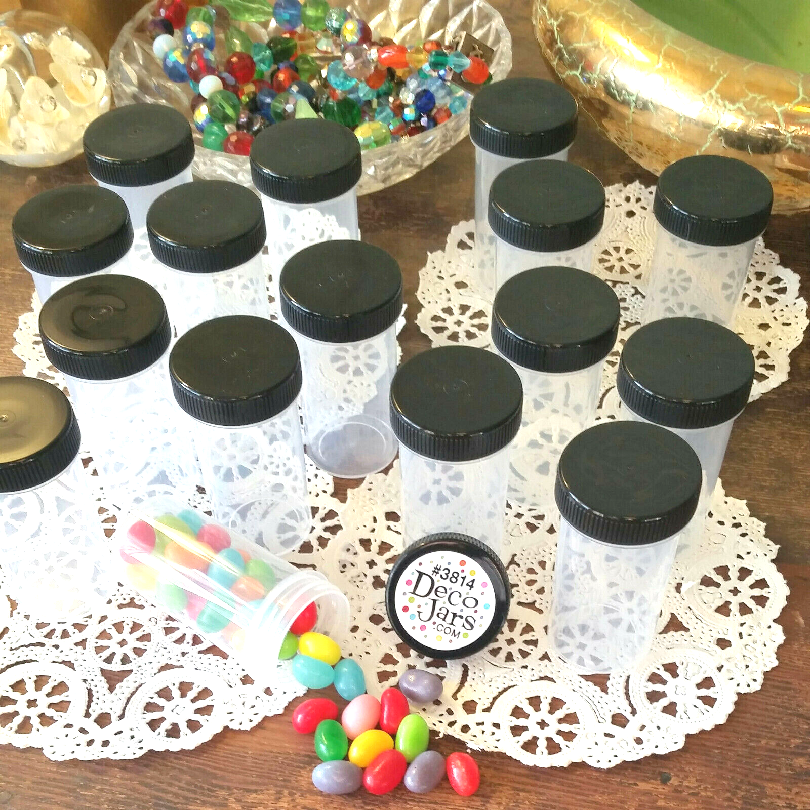 10 Clear Plastic Pill Bottles JARS Screw on Black Caps Container 3814 DecoJars