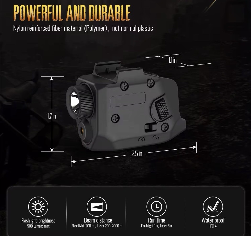 Tactical Mounted Flashlight & Green Laser Sight, USB Rechargeable, Waterproof