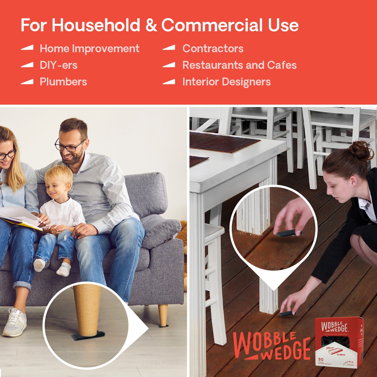 (30 Pack) Wobble Wedge Tapered Black Flexible Soft Multi-Use Wedge Stabilizer