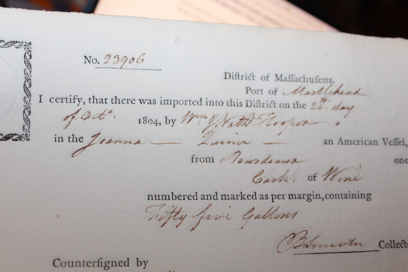 Import Certificate 1804 Marblehead Autograph Benjamin Lincoln Washington's Aide