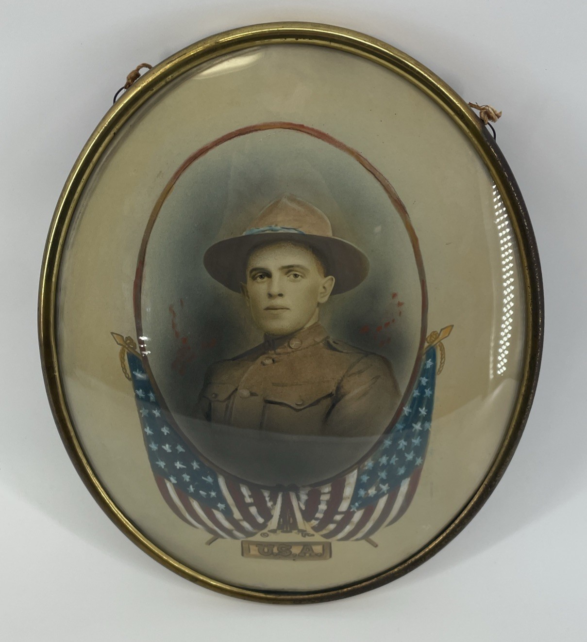 Vintage WW1 Convex Glass Soldier Military Portrait US Army Oval Frame - 14”x11”
