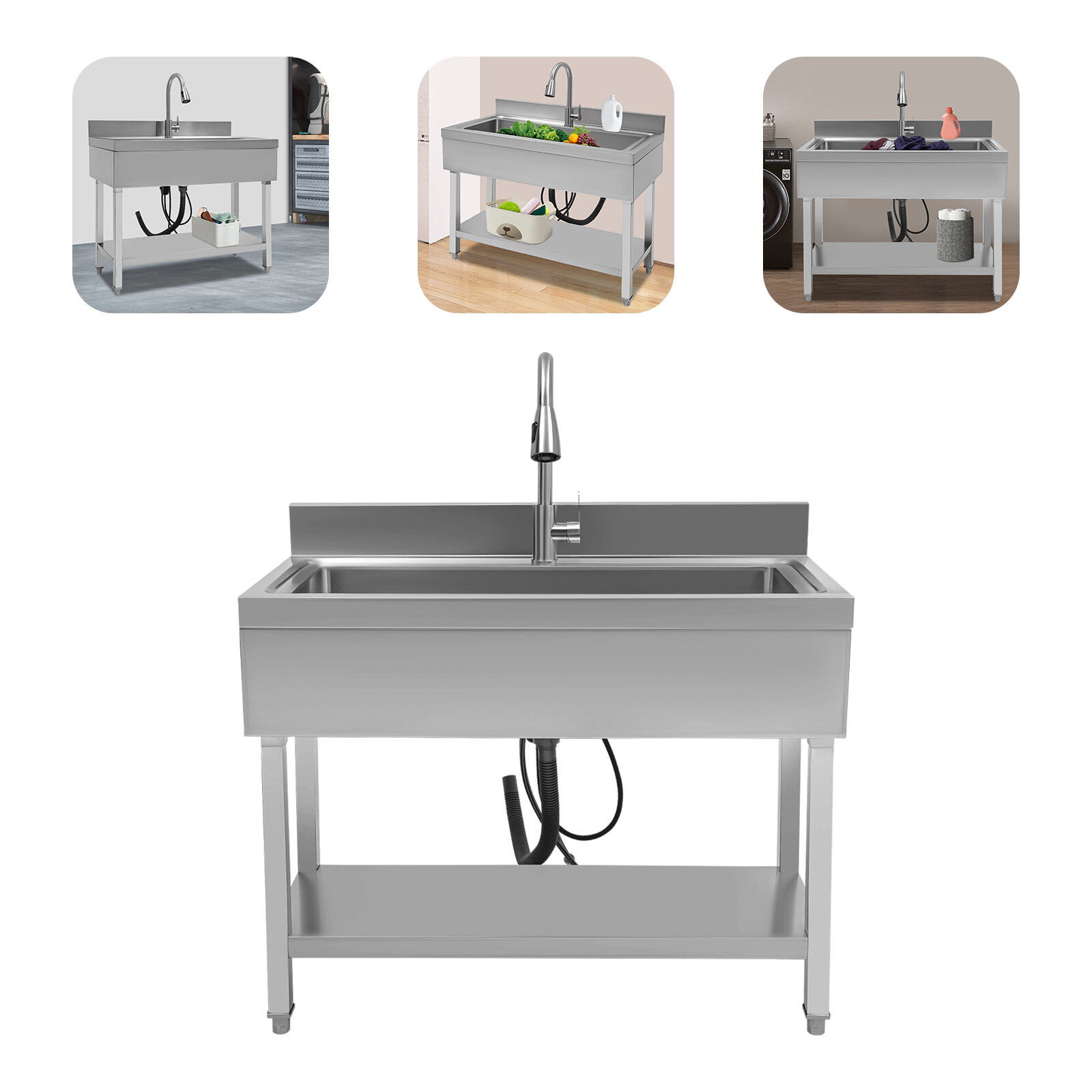Stainless Steel Utility Sink with Faucet - Large Capacity & Adjustable Feet