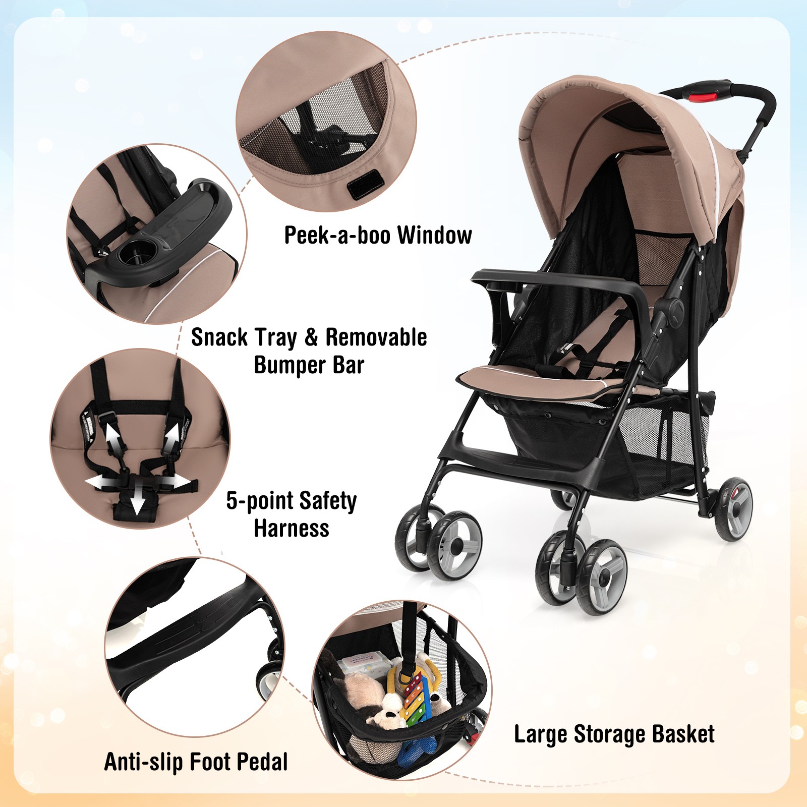 Foldable Lightweight Baby Stroller Kids Travel Pushchair 5-Point Safety System