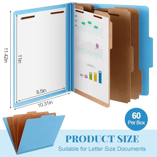 Pcs Classification Folders Letter Size, 3 Divider Pressboard File 60 Blue