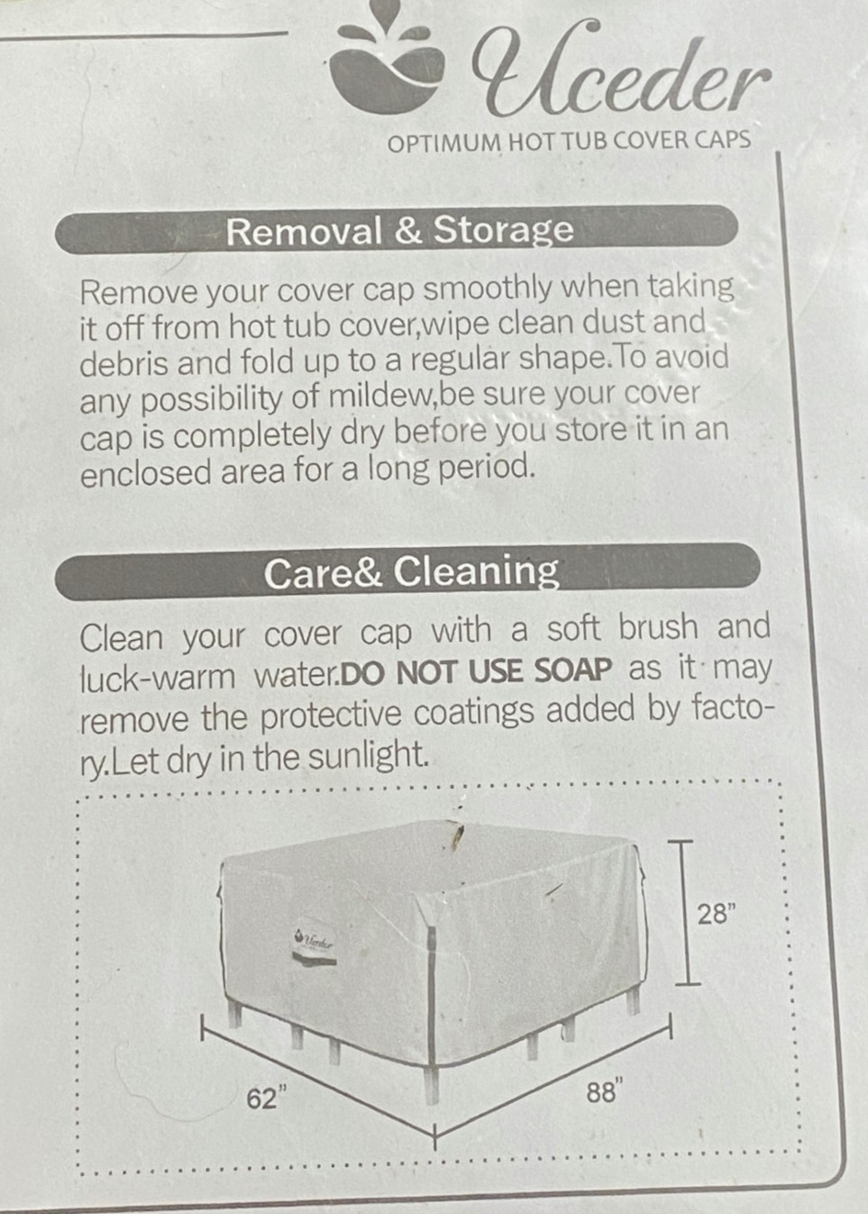 New Outdoor Waterproof Rectangular Hot Tub Cover 82 X 62 X 28 Inch