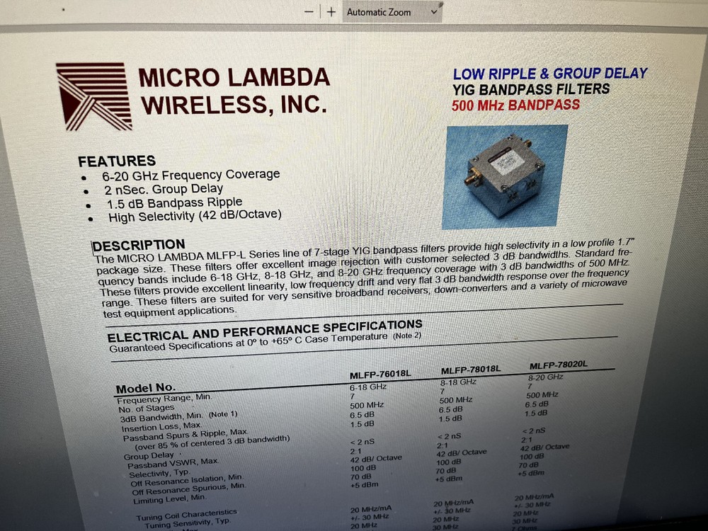 3EE Micro-Lambda Wireless MLFP-1463L bandpass YIG Filter Tektronix