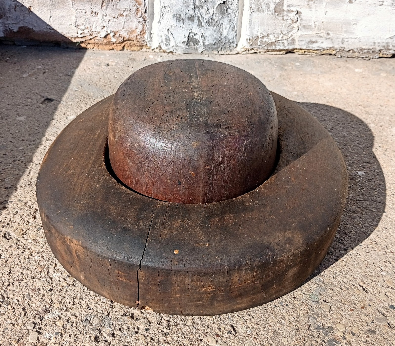 Antique Primitive Amish Solid Wood Millinery Block Dome 2 Piece Hat Form R475