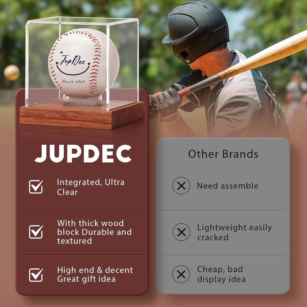 JupDec Baseball Display Case - Clear Cube Holder with 1 Pack, Brown