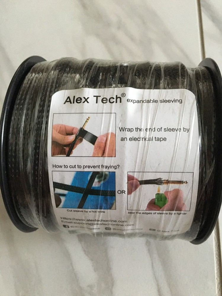 Alex Tech 100ft Expandable Sleeving for cable management, Black, New