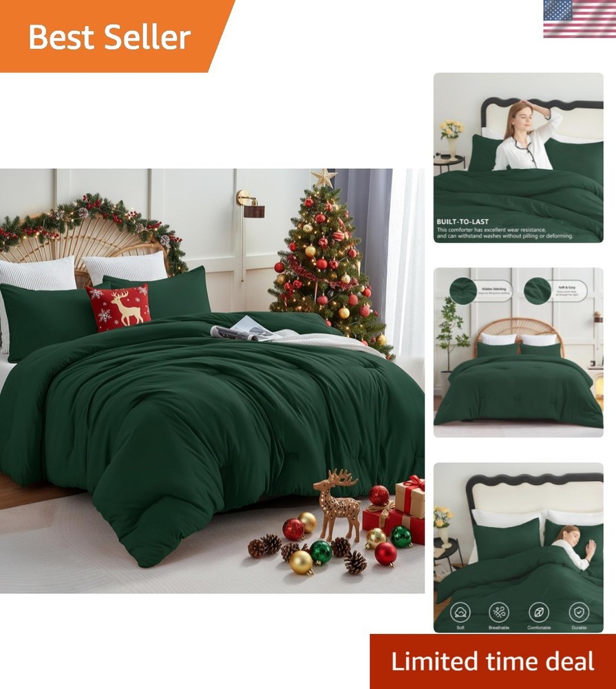 Dark Emerald Green Queen Comforter Set, 3 Pieces Solid Breathable Quilted Bed...