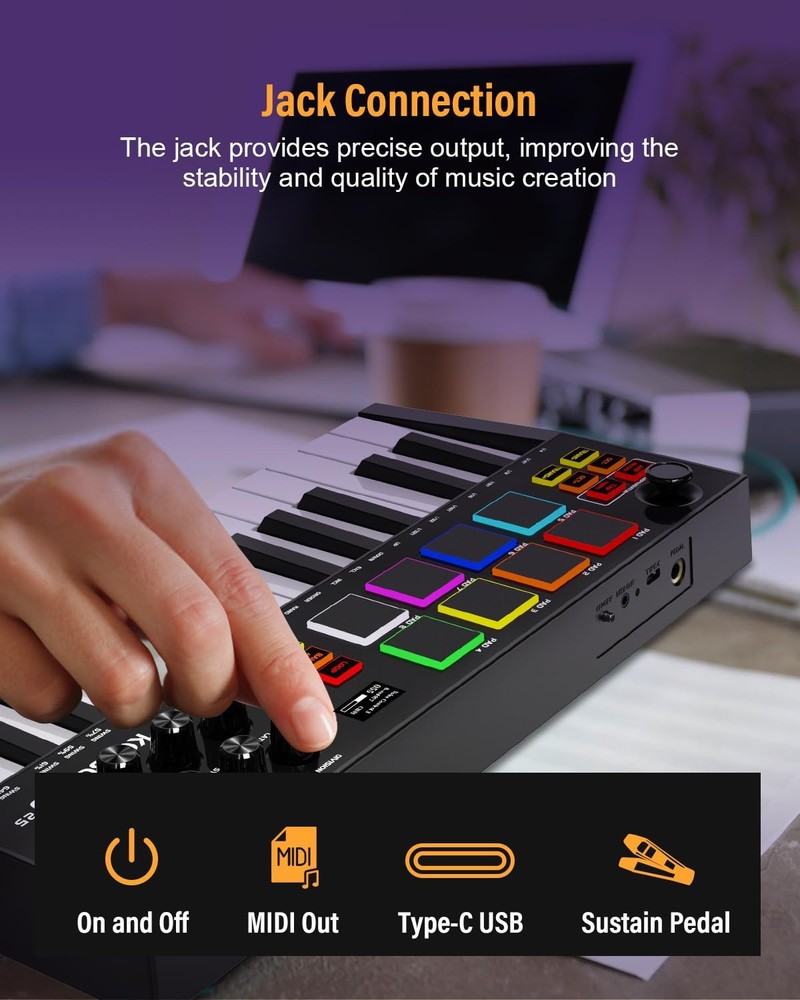 MIDI Keyboard Controller, 25 Key Rechargeable MIDI Keyboard with 8 Backlit Dr...