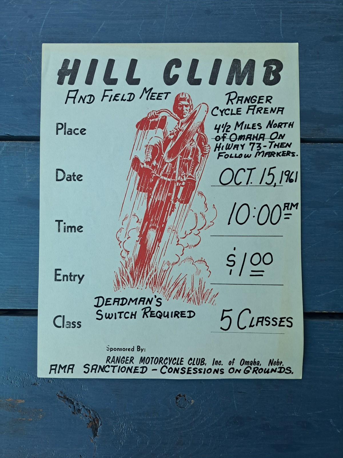 1961 ORIGINAL RANGER MOTORCYCLE CLUB OMAHA NEBRASKA HILL CLIMB EVENT POSTER