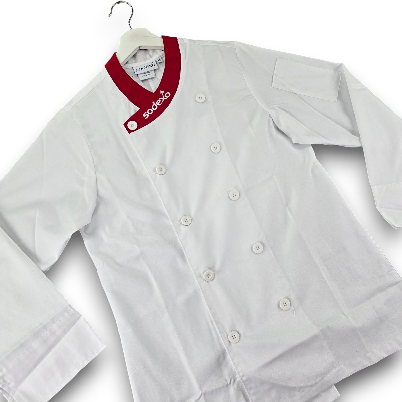 Sodexo White Chef Coat Red Trim Double Breasted Snap Button Size XS Unisex