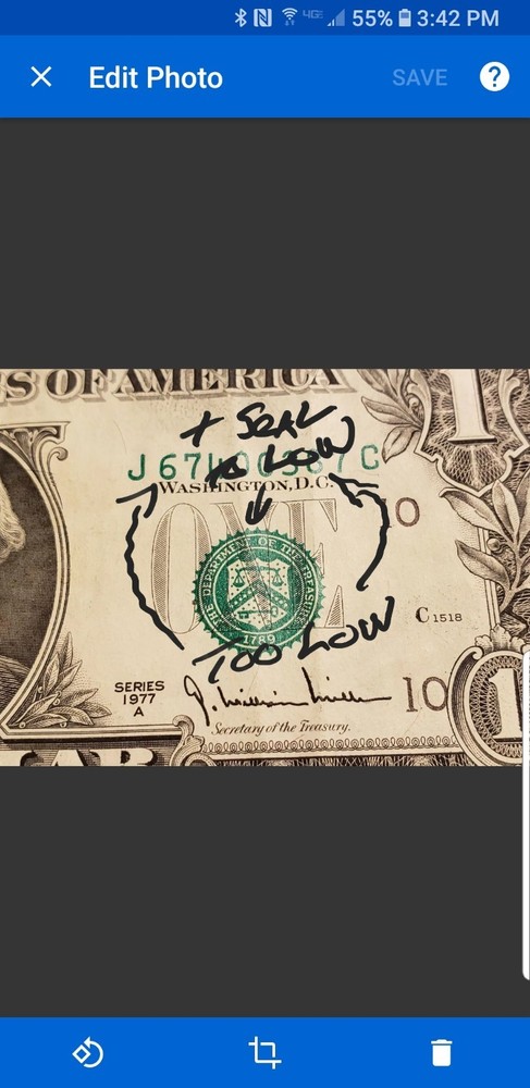 1977 Error Bill Misaligned & Off-Center Seal & Serial # -Obverse Border Missing
