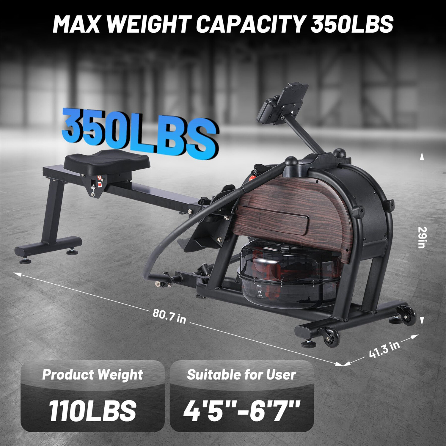 Dual Magnetic & Water Resistance Rowing Machine Extended Slide Max 350lb Weigh