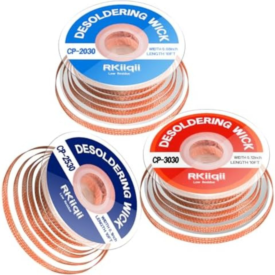 3Pcs Solder Wick Braid Kit with Flux, Low Residue Desoldering Wire 10ft Each USA