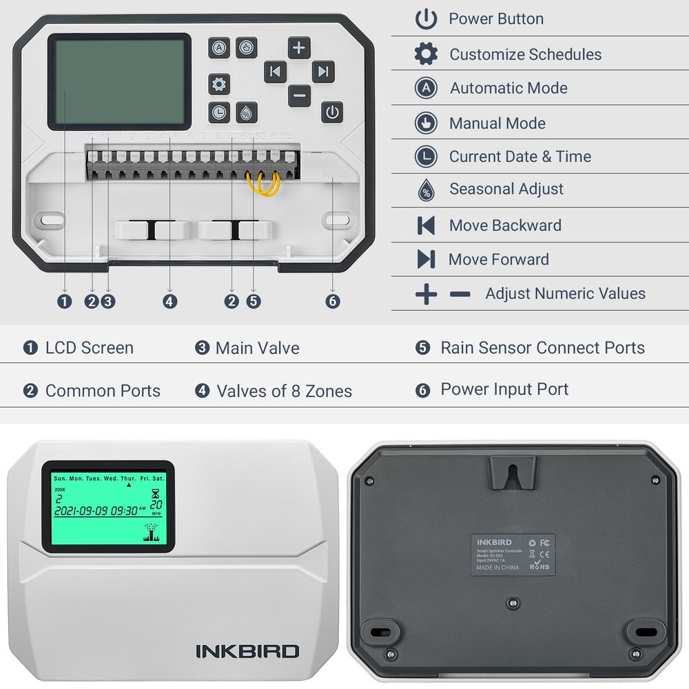 INKBIRD 8-Zone Lawn Sprinkler Controller System Watering Control 4 Cyclic Option