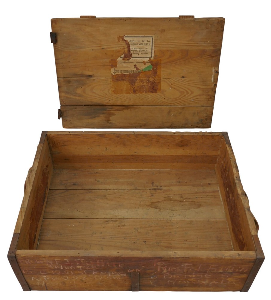 Captured WWII German Wood Ammo Crate Used By GI To Ship Home