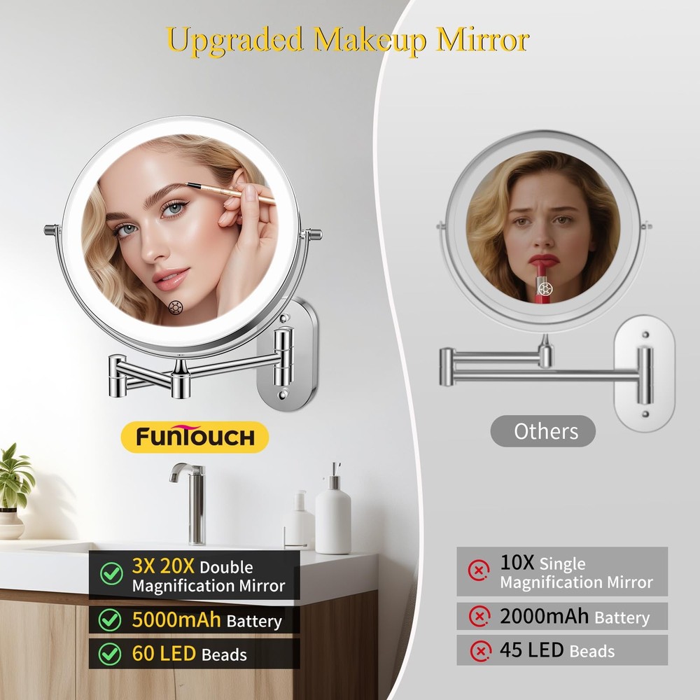 FUNTOUCH Rechargeable Wall Mounted Makeup Mirror with Lights,5000mAh Double Side