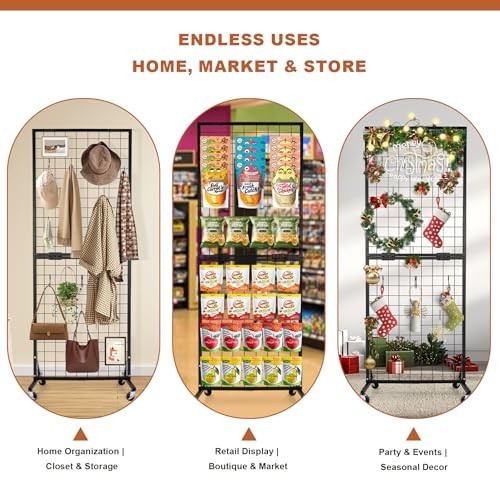 Foldable Grid Wall Panels Display Rack 5.6' x 2' FT, 30 Hooks, Movable Retail St