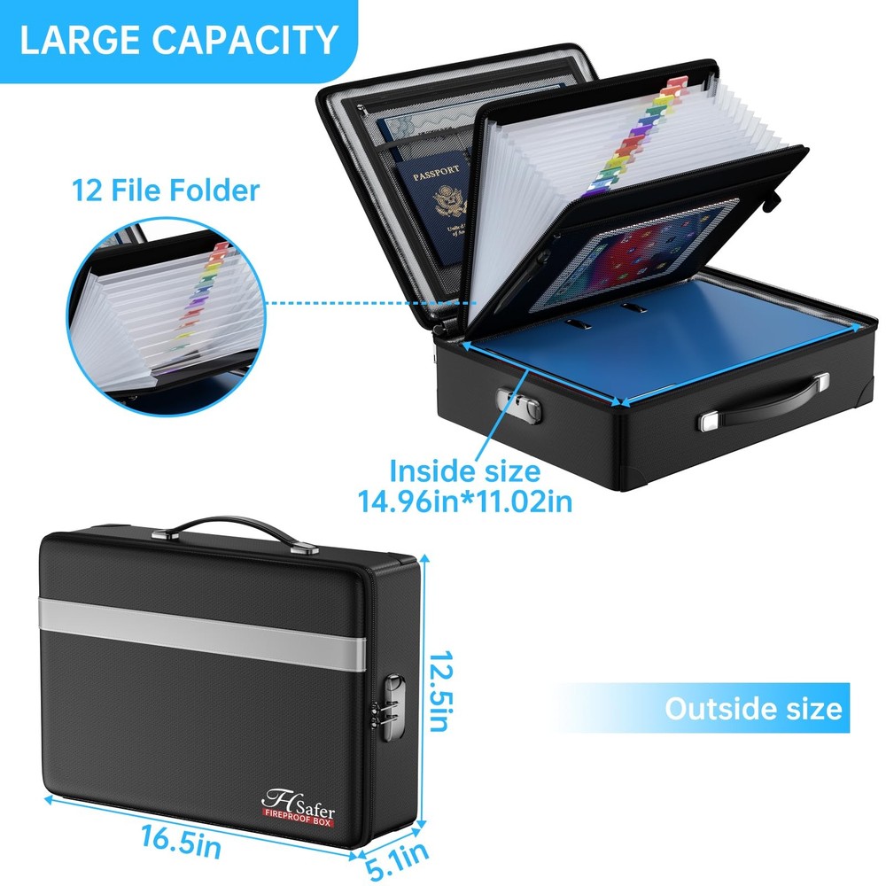 Fireproof Document Box with lock, File Organizer with Fireproof Zipper, Hard ...