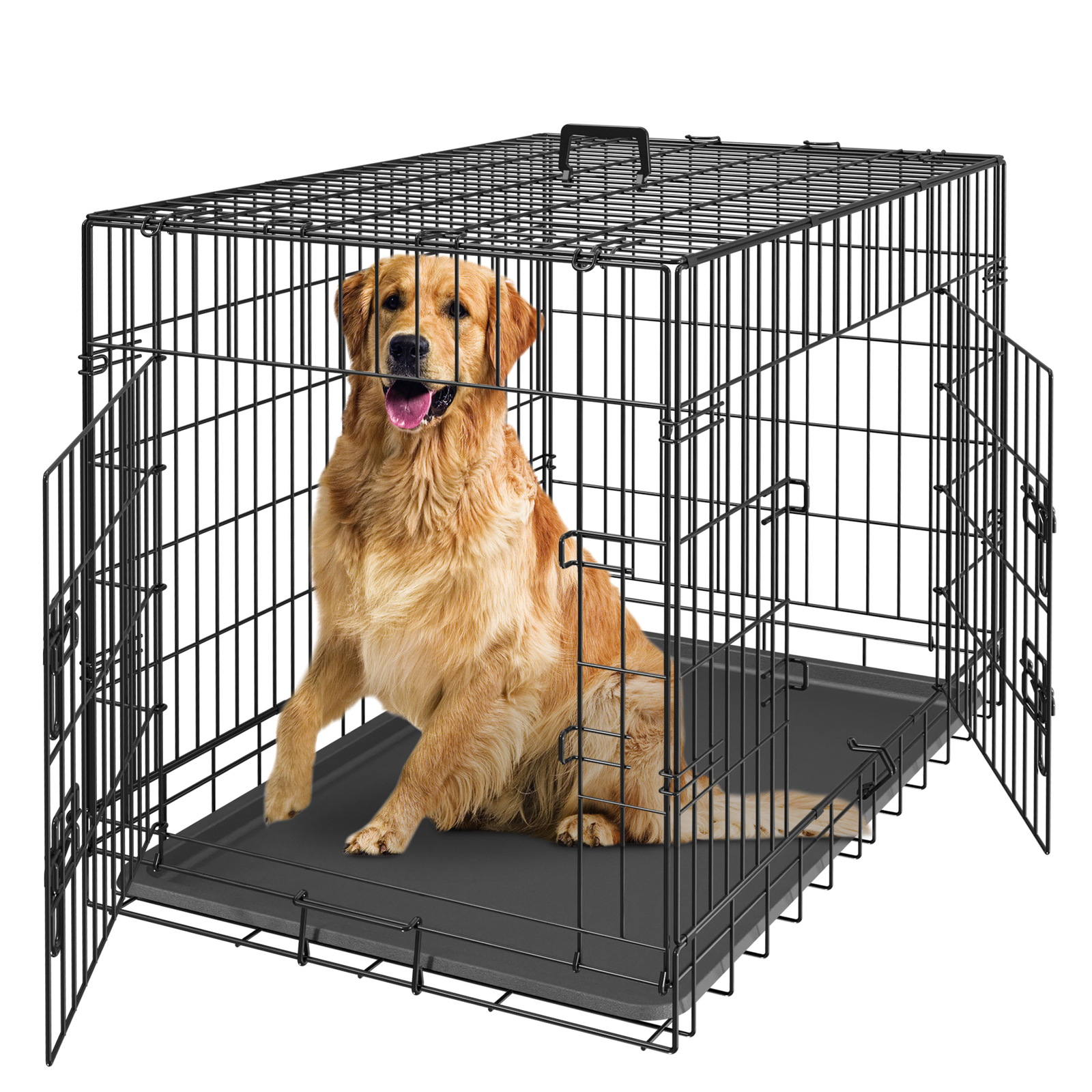 42" Large Dog Crate Kennel Folding Pet Cage 2 Door With Tray Indoor Dog House
