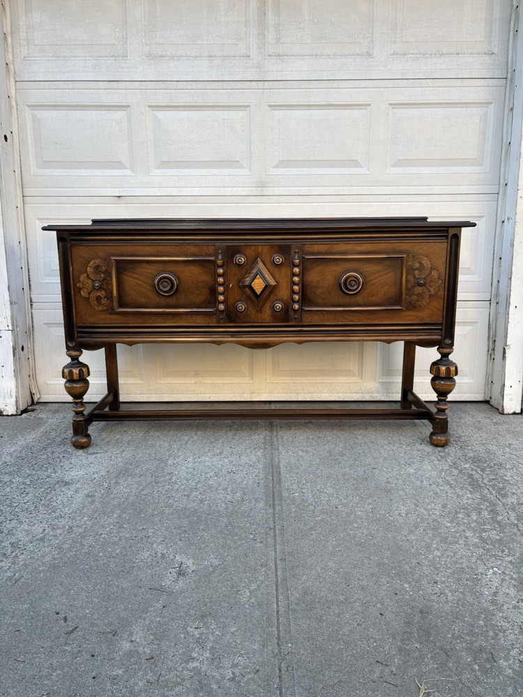 Antique Walnut Jacobean Revival Sideboard Buffet Server Console Cabinet