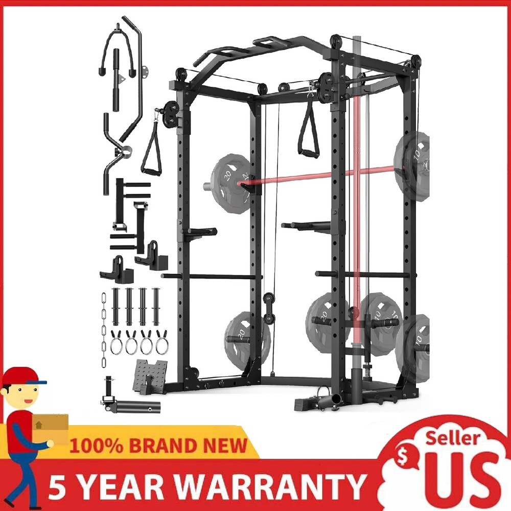 Power Cage Multi-Function Power Rack Home Gym with Pulley System Workout Machine