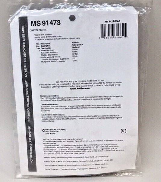 Fel-Pro MS 91473 Engine Intake Manifold Gasket Set 017-2265-0