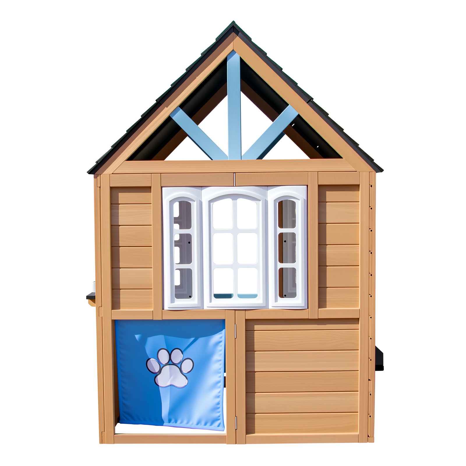 Kids Wooden Playhouse Cottage w/Bench,Play Kitchen,Chalkboard,Flowerpot,Birdcage