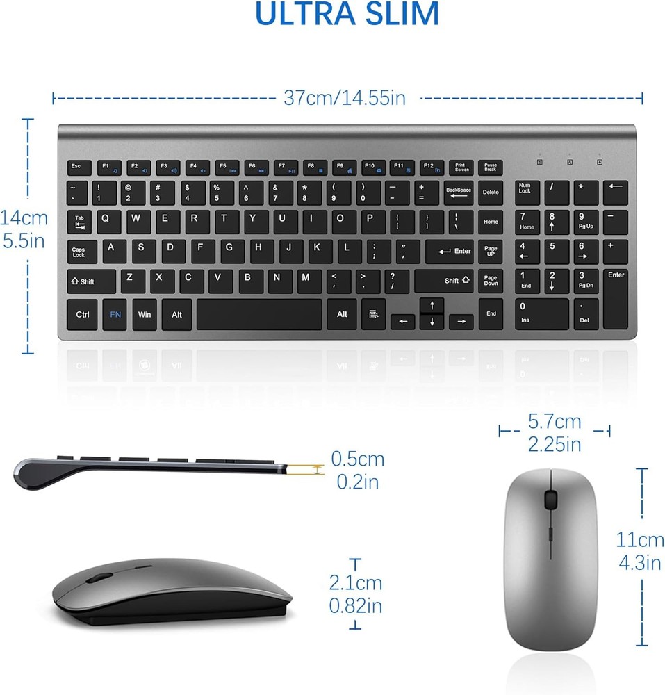 Wireless Keyboard & Mouse Combo, Ultra Slim, 2.4G, USB, Gray/Black