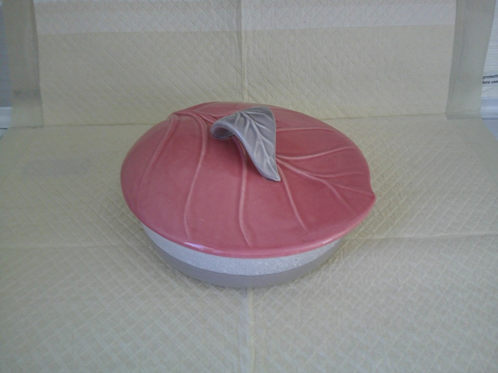 Vintage Coral/Grey Drip  Ceramic Covered Dish Wave Scroll Handle Hull/MCM 1950's
