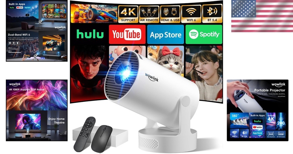 Mini Projector WiFi 6 Bluetooth 5.4 4K 1080P Auto Keystone 180° Rotatable