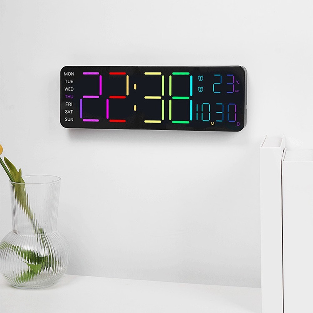 Digital RGB Wall Clock with Remote Control Temp Date Week Adjustable Brightness