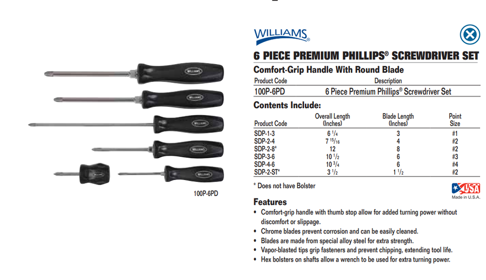 Williams 100P-6PD 6-Piece Phillips Screwdriver Set