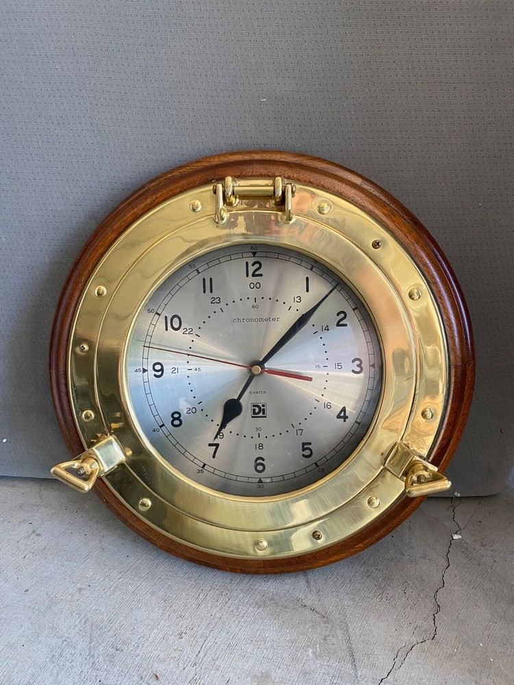 Solid Brass Ship’s Clock, Wood, Good condition