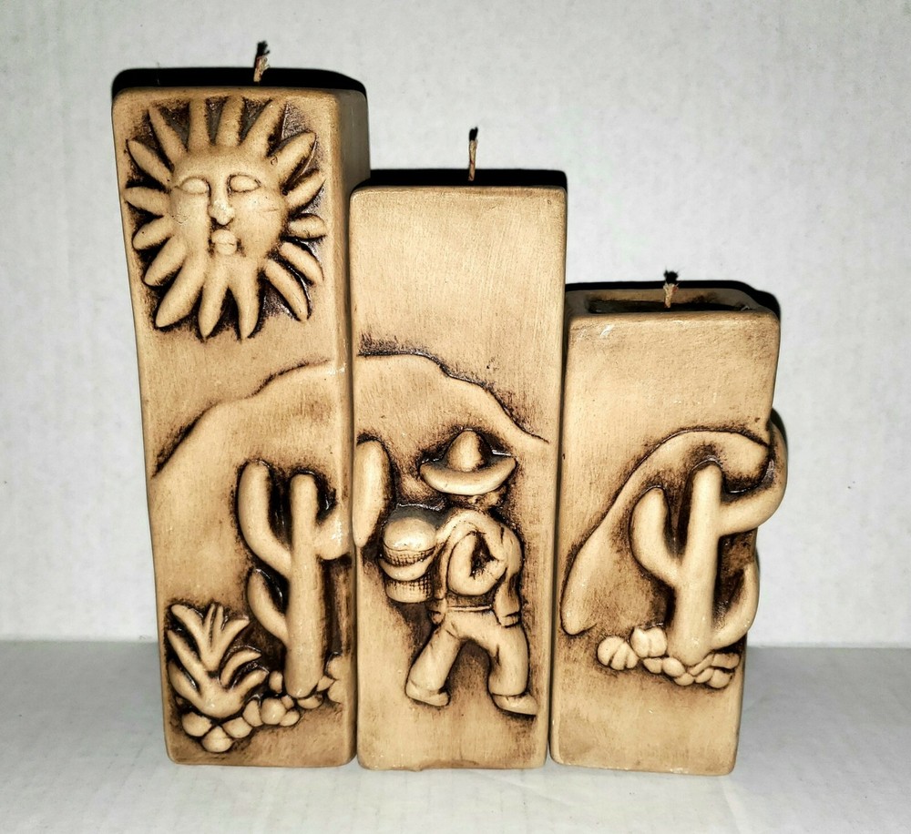 Vtg. Ceramic 3 Piece, Multi-Sided Mexican Themed Candles, Handmade, Unsigned